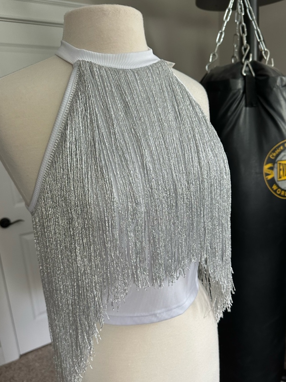 White with light blue tint  Halter Fringe Crop Top with Silver Metallic Med